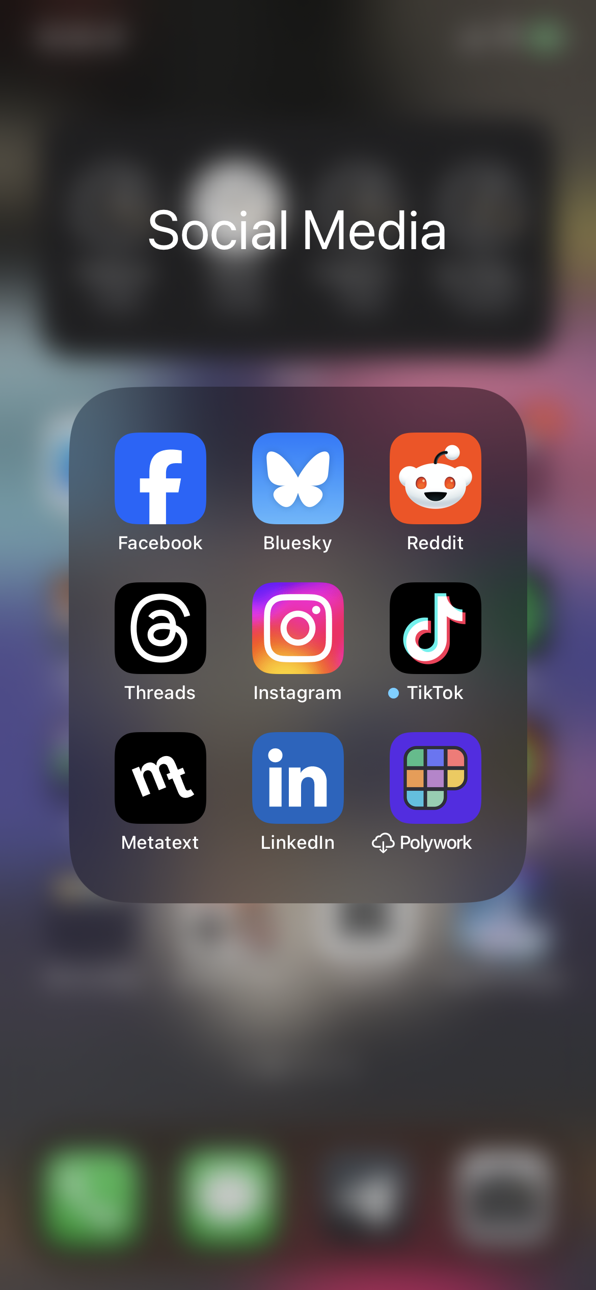 Screenshot of Chi's group of app icons labeled "Social Media", with the following apps shown in a 3 by 3 grid, from top to bottom, left to right: Facebook, BlueSky, Reddit, Threads, Instagram, TikTok, Metatext, LinkedIn, and Polywork.