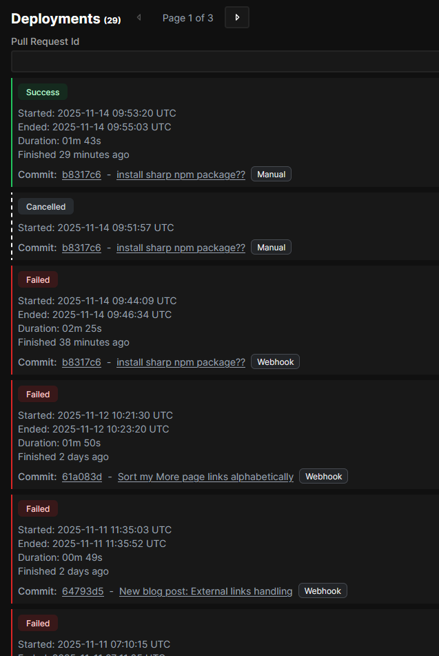 the bane of my existence the past few days. The cancelled one was when I saw I forgot to add the Nixpacks environment variable in this setup Screenshot of production deployment logs for Chi’s website, from latest to earliest. The latest item in the list is a successful deployment that was manually triggered, followed by a cancelled deployment, then the remaining items are all failed deployments from 38 minutes ago and 2 days ago.