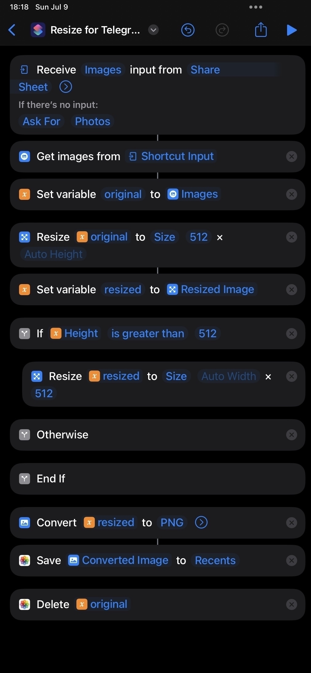 Screenshot of the whole step-by-step process the Resize for Telegram Stickers iOS Shortcut, which involves resizing the image to 512 pixels, then converting it to PNG before saving to your Photos app