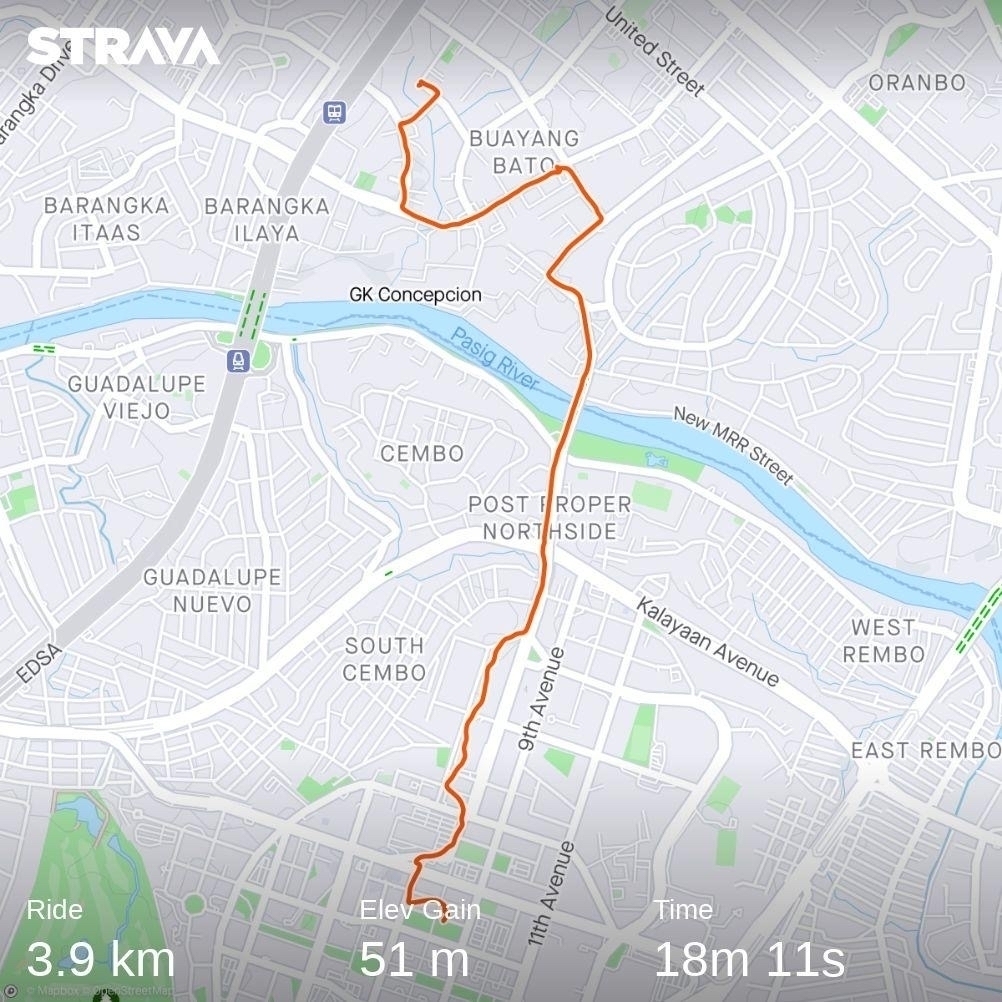 Strava ride of Chi’s rainy bike to work. Her ride was 3.9 kilometers long, with an elevation gain of 51 meters. The ride took a total of 18 minutes and 11 seconds.
