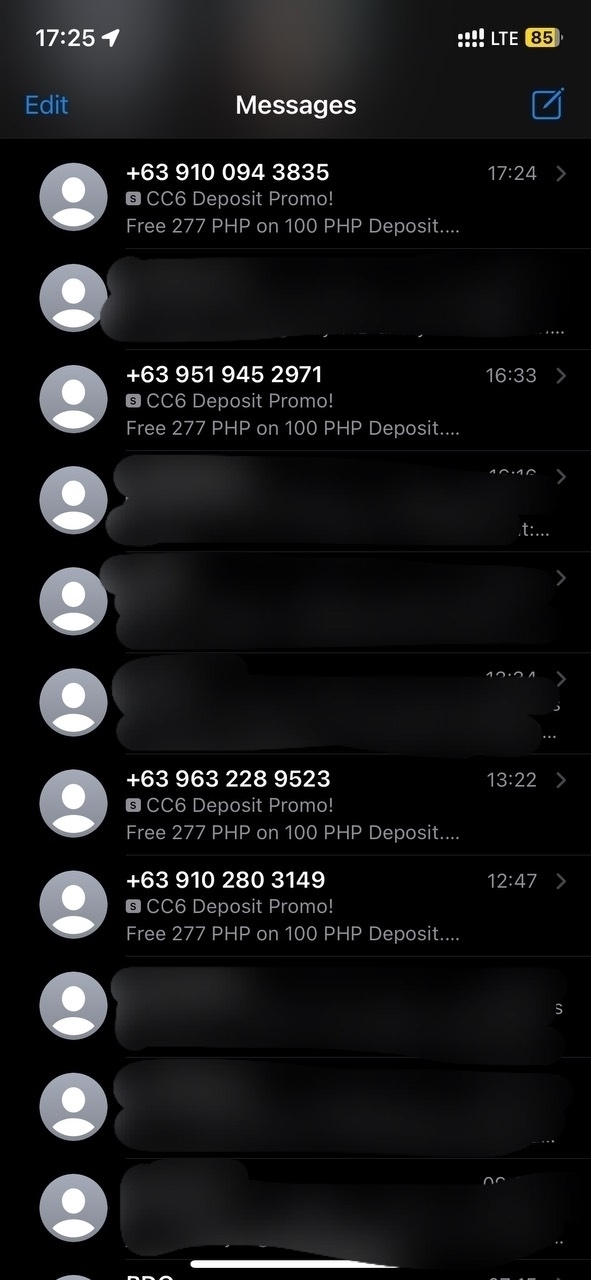 screenshot of Chi’s Messages list, with the spam messages from unknown senders shown with full view of the numbers and the rest of her messages blurred out.