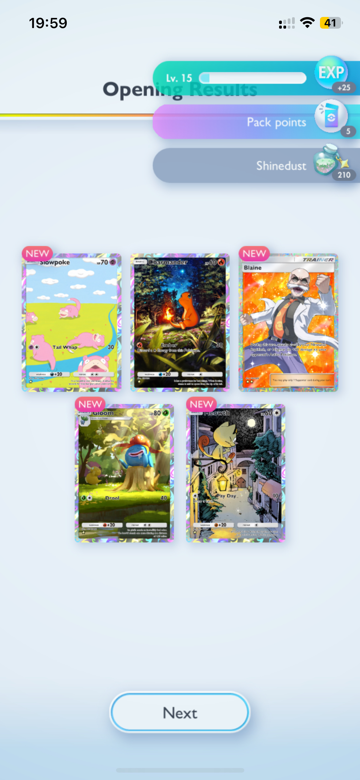 Screenshot of 5 rare cards from mobile game Pokemon Trading Card Game Pocket, from left to right, top to bottom: Slowpoke, Charmander, Trainer Blaine, Gloom, and Meowth.